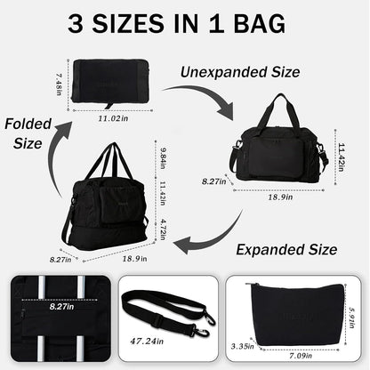 Travel Duffel Bag, 30–40L Expandable Weekender Bag with Shoe Compartment, Foldable Carry On Travel Bag with Wet Pocket and Matching Pouch