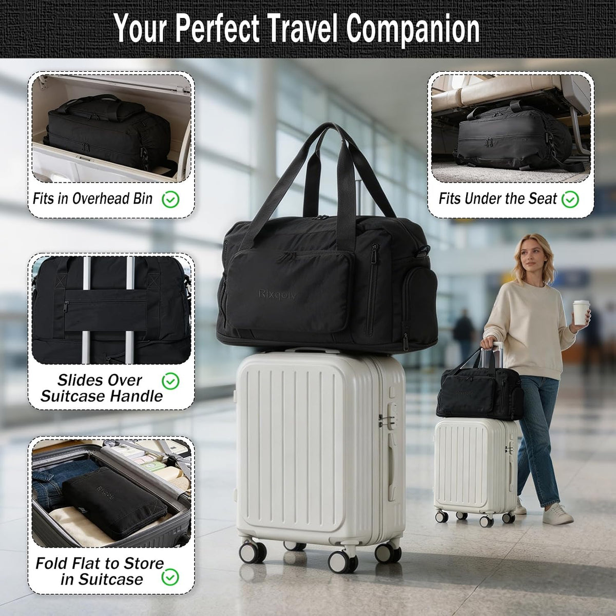 Travel Duffel Bag, 30–40L Expandable Weekender Bag with Shoe Compartment, Foldable Carry On Travel Bag with Wet Pocket and Matching Pouch