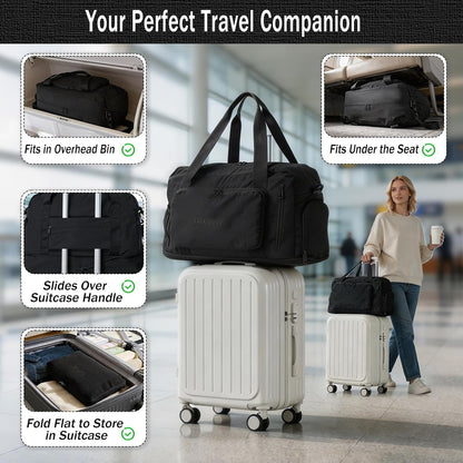 Travel Duffel Bag, 30–40L Expandable Weekender Bag with Shoe Compartment, Foldable Carry On Travel Bag with Wet Pocket and Matching Pouch