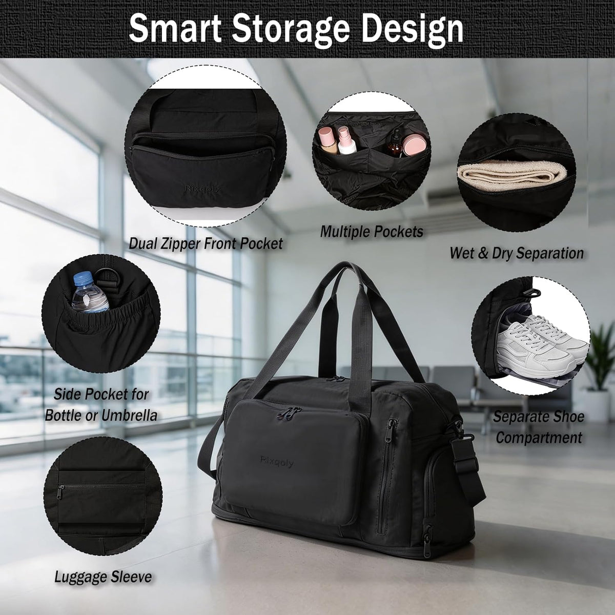 Travel Duffel Bag, 30–40L Expandable Weekender Bag with Shoe Compartment, Foldable Carry On Travel Bag with Wet Pocket and Matching Pouch