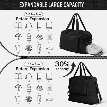 Travel Duffel Bag, 30–40L Expandable Weekender Bag with Shoe Compartment, Foldable Carry On Travel Bag with Wet Pocket and Matching Pouch