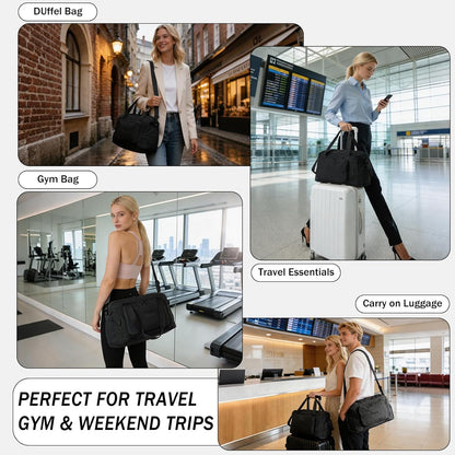 Travel Duffel Bag, 30–40L Expandable Weekender Bag with Shoe Compartment, Foldable Carry On Travel Bag with Wet Pocket and Matching Pouch