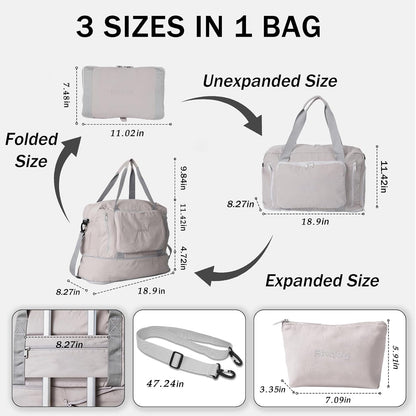 Travel Duffel Bag, 30–40L Expandable Weekender Bag with Shoe Compartment, Foldable Carry On Travel Bag with Wet Pocket and Matching Pouch
