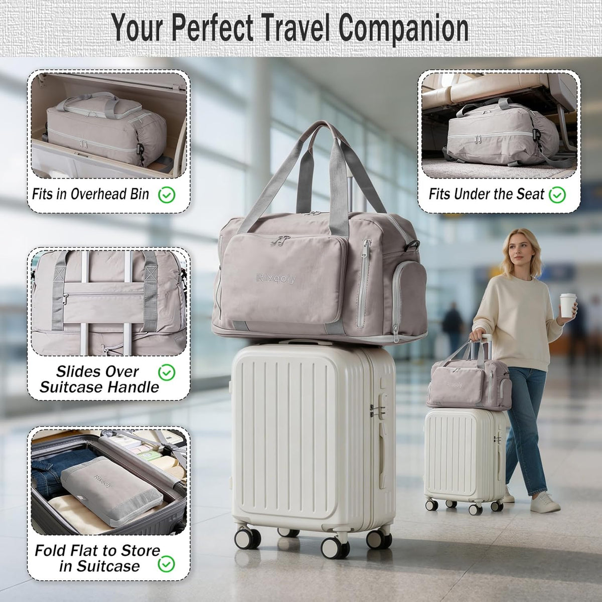 Travel Duffel Bag, 30–40L Expandable Weekender Bag with Shoe Compartment, Foldable Carry On Travel Bag with Wet Pocket and Matching Pouch