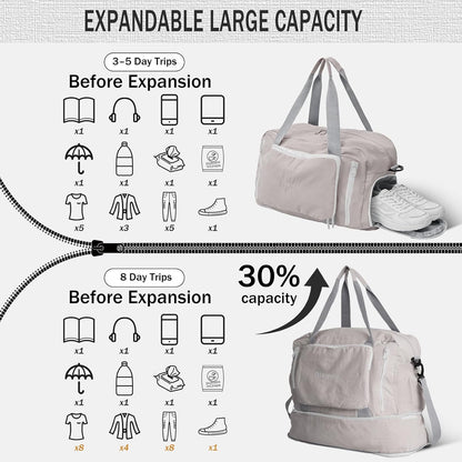 Travel Duffel Bag, 30–40L Expandable Weekender Bag with Shoe Compartment, Foldable Carry On Travel Bag with Wet Pocket and Matching Pouch