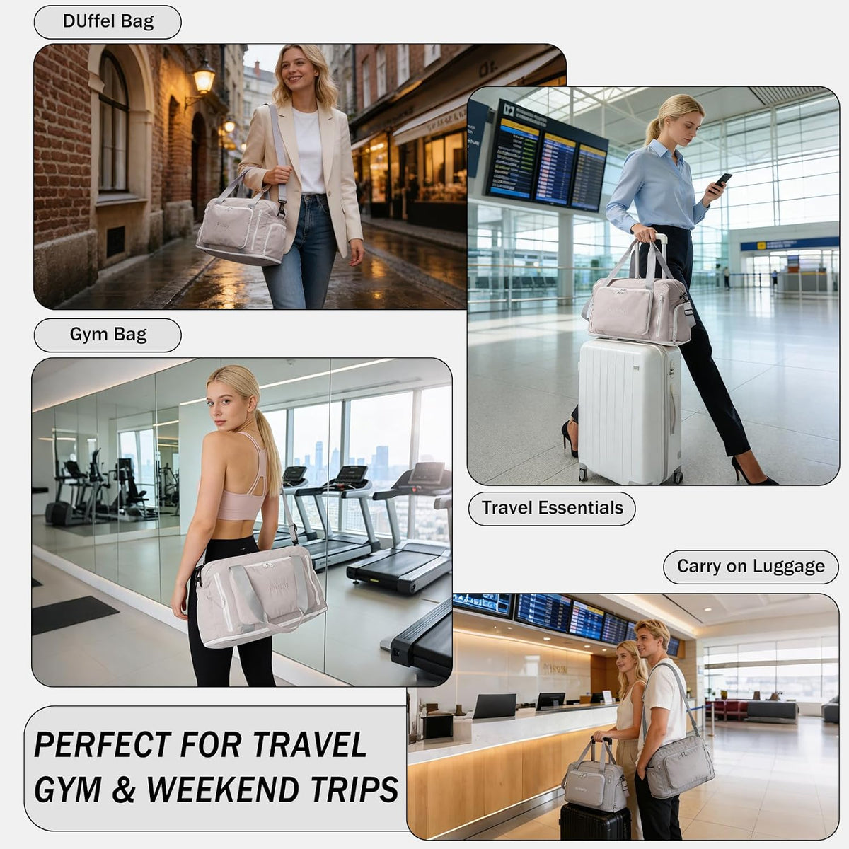 Travel Duffel Bag, 30–40L Expandable Weekender Bag with Shoe Compartment, Foldable Carry On Travel Bag with Wet Pocket and Matching Pouch