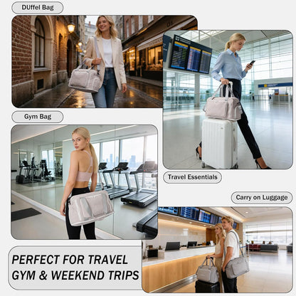 Travel Duffel Bag, 30–40L Expandable Weekender Bag with Shoe Compartment, Foldable Carry On Travel Bag with Wet Pocket and Matching Pouch