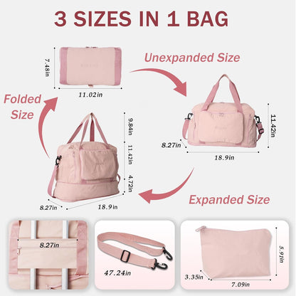 Travel Duffel Bag, 30–40L Expandable Weekender Bag with Shoe Compartment, Foldable Carry On Travel Bag with Wet Pocket and Matching Pouch