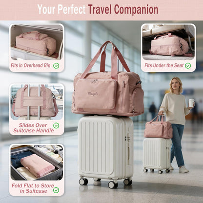 Travel Duffel Bag, 30–40L Expandable Weekender Bag with Shoe Compartment, Foldable Carry On Travel Bag with Wet Pocket and Matching Pouch