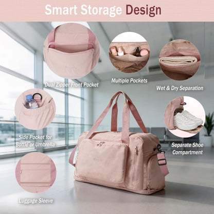 Travel Duffel Bag, 30–40L Expandable Weekender Bag with Shoe Compartment, Foldable Carry On Travel Bag with Wet Pocket and Matching Pouch