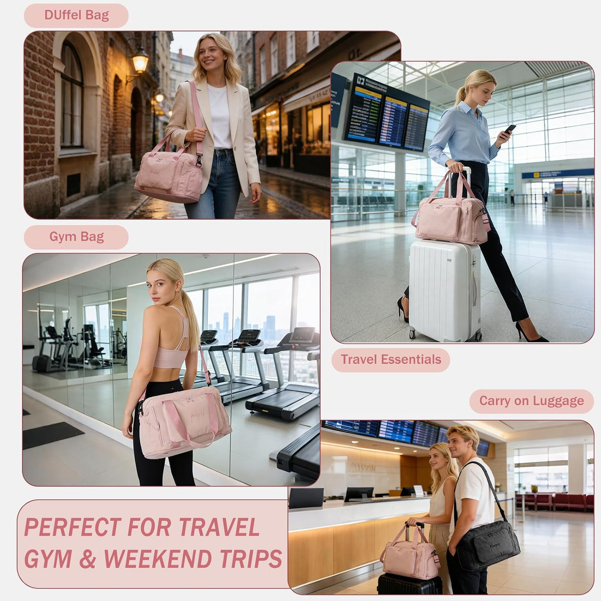 Travel Duffel Bag, 30–40L Expandable Weekender Bag with Shoe Compartment, Foldable Carry On Travel Bag with Wet Pocket and Matching Pouch