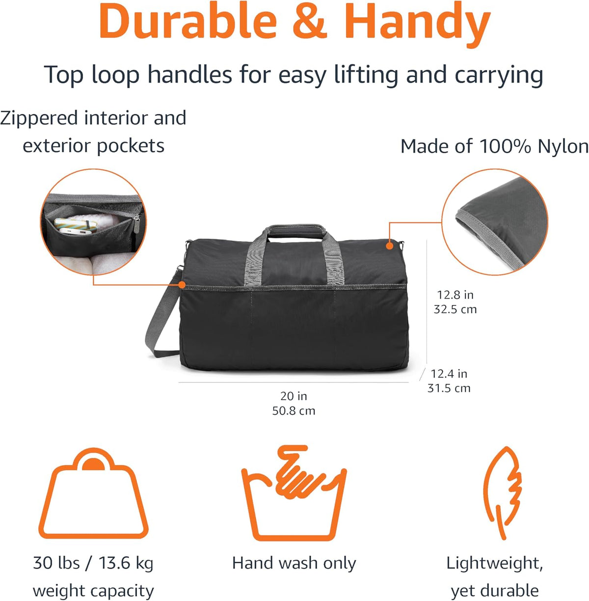 Extra Large Foldable Nylon Duffel Bag for Travel/Storage with Zippered Pockets, 32.4", 150L, 50-LBS Capacity, Black (Previously Amazon Basics)