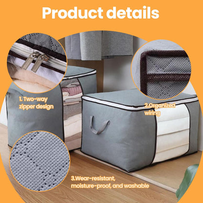 2PCS Vertical Non-Woven Storage Bag, Foldable Clothes Organizer with Zipper & Reinforced Handles, Space-Saving Storage for Blankets/Seasonal Clothing, Grey