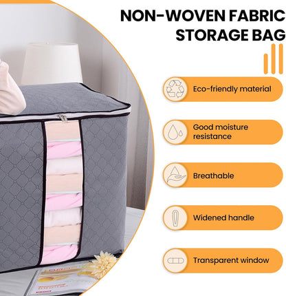 2PCS Vertical Non-Woven Storage Bag, Foldable Clothes Organizer with Zipper & Reinforced Handles, Space-Saving Storage for Blankets/Seasonal Clothing, Grey