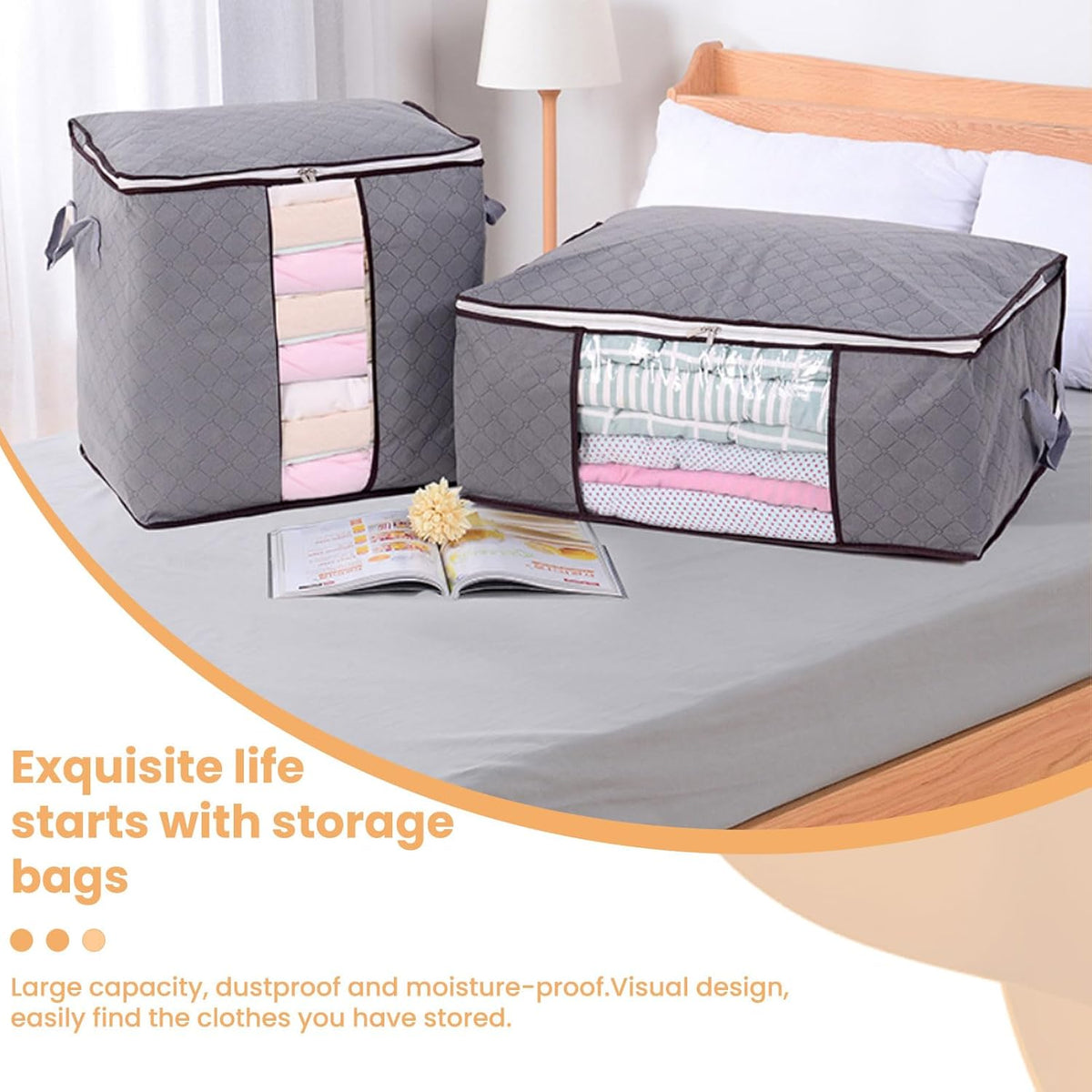 2PCS Vertical Non-Woven Storage Bag, Foldable Clothes Organizer with Zipper & Reinforced Handles, Space-Saving Storage for Blankets/Seasonal Clothing, Grey