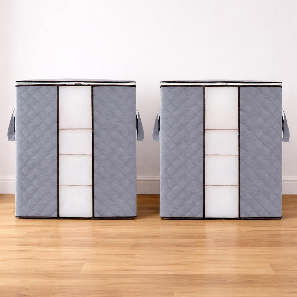 2PCS Vertical Non-Woven Storage Bag, Foldable Clothes Organizer with Zipper & Reinforced Handles, Space-Saving Storage for Blankets/Seasonal Clothing, Grey