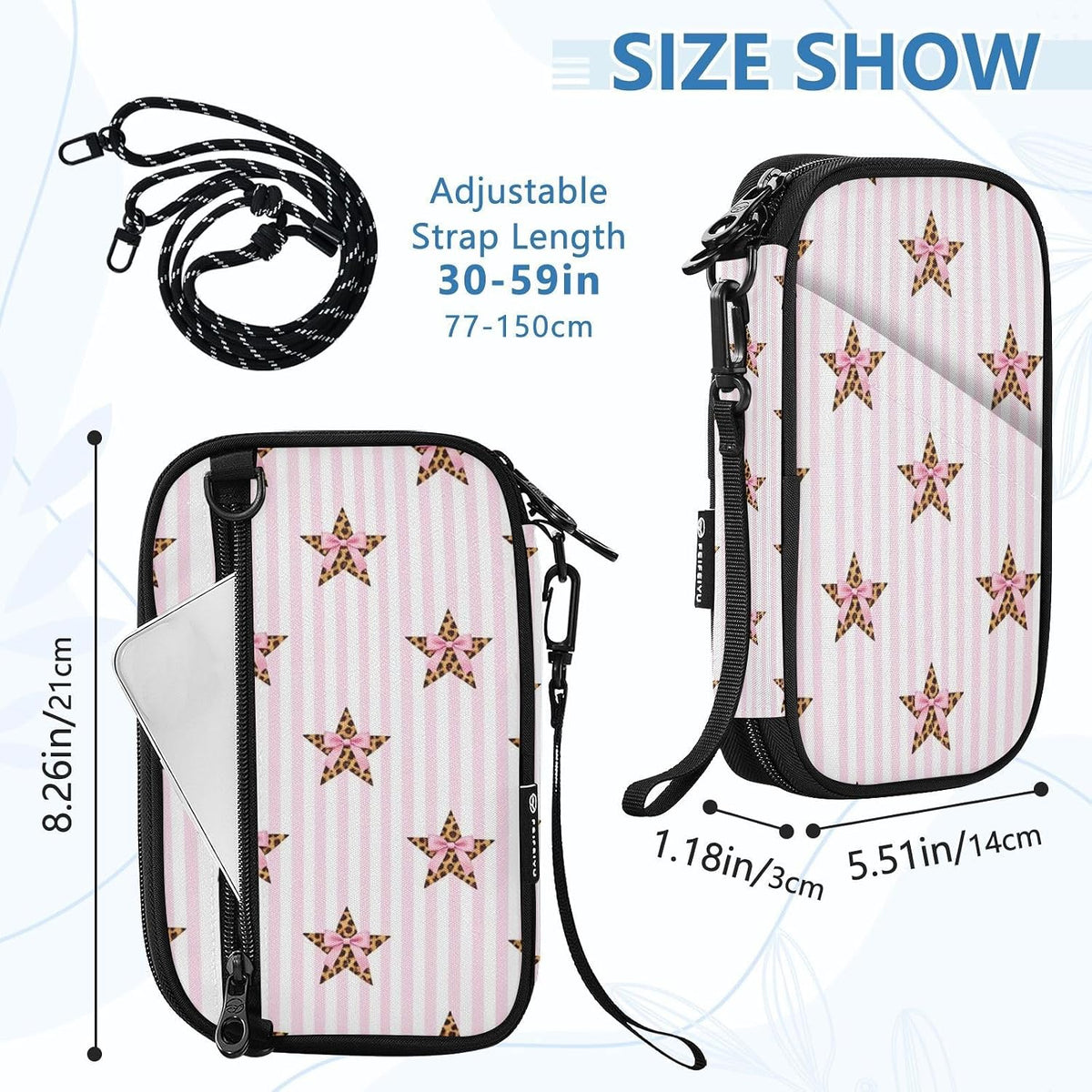 Travel Document Organizer 8.26×5.51×1.18 In | Water Resistant Oxford Full Print Multi-Way Carry for Adults Vacation Floral Star Stripe