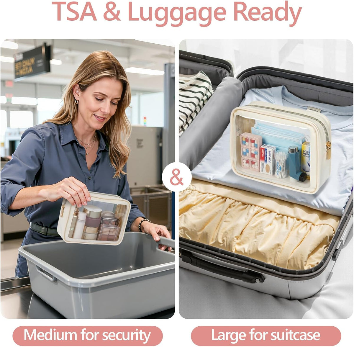 Clear Makeup Bag Foldable - TSA Approved Toiletry Bag for Travel | Metal Zipper, Reinforced Seam, Water Resistant, Medium for Carry-on, Large for Checked Luggage, for Car Storage Organizer