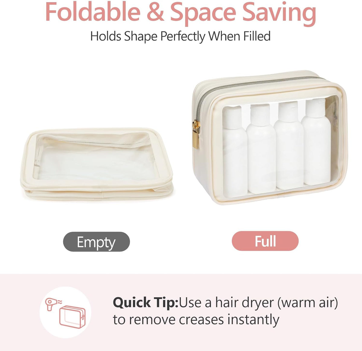 Clear Makeup Bag Foldable - TSA Approved Toiletry Bag for Travel | Metal Zipper, Reinforced Seam, Water Resistant, Medium for Carry-on, Large for Checked Luggage, for Car Storage Organizer