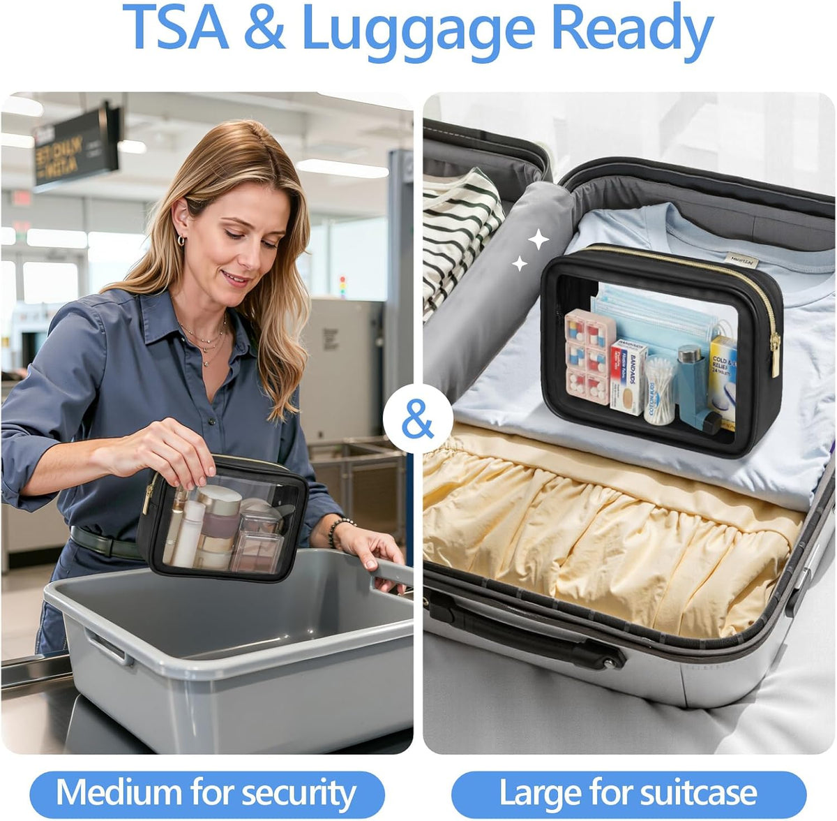 Clear Makeup Bag Foldable - TSA Approved Toiletry Bag for Travel | Metal Zipper, Reinforced Seam, Water Resistant, Medium for Carry-on, Large for Checked Luggage, for Car Storage Organizer