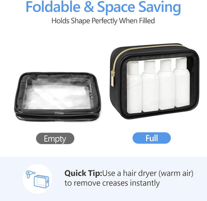 Clear Makeup Bag Foldable - TSA Approved Toiletry Bag for Travel | Metal Zipper, Reinforced Seam, Water Resistant, Medium for Carry-on, Large for Checked Luggage, for Car Storage Organizer