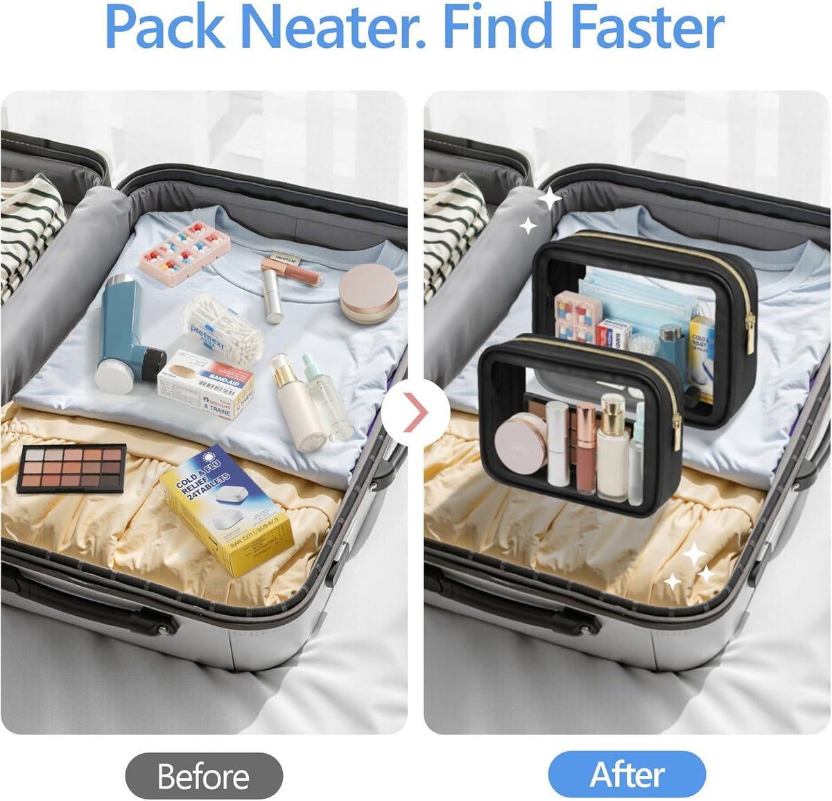 Clear Makeup Bag Foldable - TSA Approved Toiletry Bag for Travel | Metal Zipper, Reinforced Seam, Water Resistant, Medium for Carry-on, Large for Checked Luggage, for Car Storage Organizer