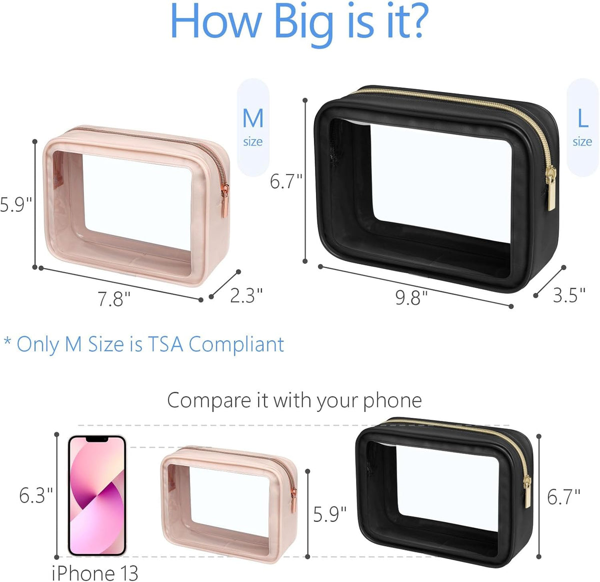 Clear Makeup Bag Foldable - TSA Approved Toiletry Bag for Travel | Metal Zipper, Reinforced Seam, Water Resistant, Medium for Carry-on, Large for Checked Luggage, for Car Storage Organizer