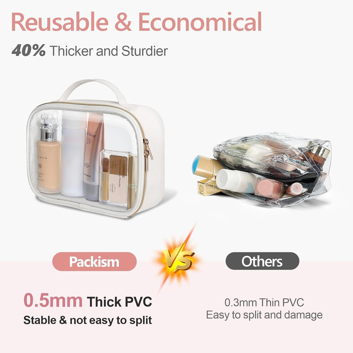 Clear Makeup Bag Foldable - TSA Approved Toiletry Bag for Travel | Metal Zipper, Reinforced Seam, Water Resistant, Medium for Carry-on, Large for Checked Luggage, for Car Storage Organizer