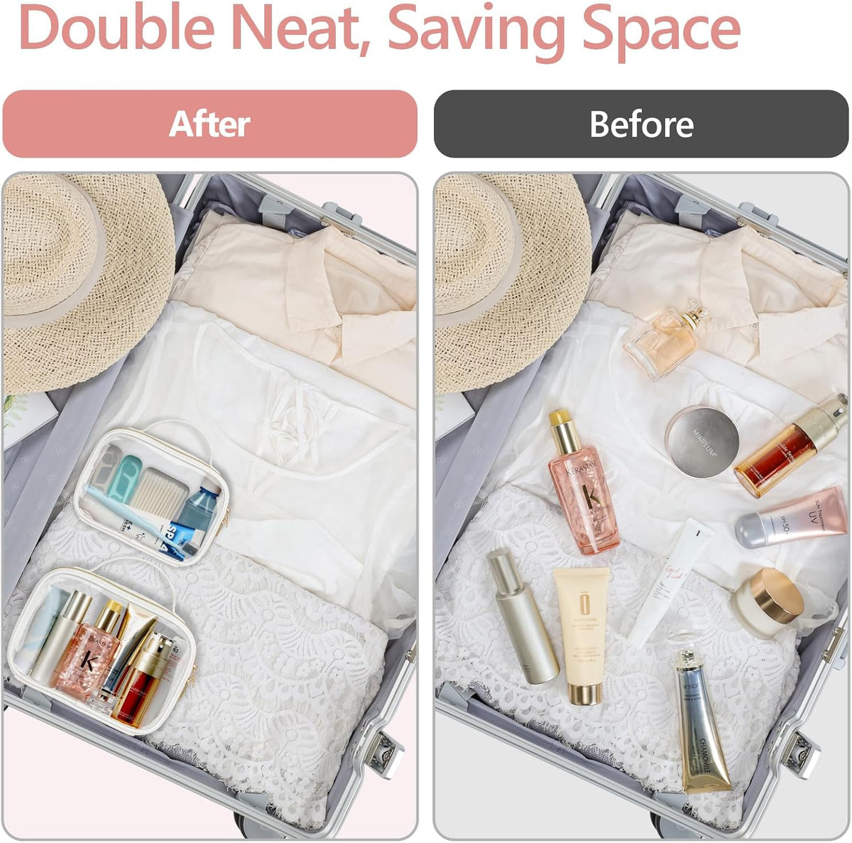 Clear Makeup Bag Foldable - TSA Approved Toiletry Bag for Travel | Metal Zipper, Reinforced Seam, Water Resistant, Medium for Carry-on, Large for Checked Luggage, for Car Storage Organizer