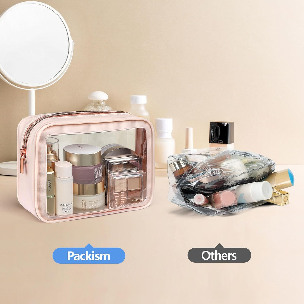 Clear Makeup Bag Foldable - TSA Approved Toiletry Bag for Travel | Metal Zipper, Reinforced Seam, Water Resistant, Medium for Carry-on, Large for Checked Luggage, for Car Storage Organizer