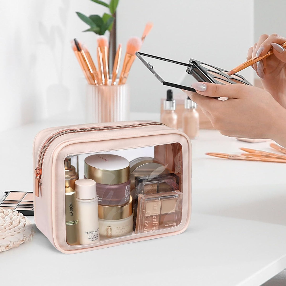 Clear Makeup Bag Foldable - TSA Approved Toiletry Bag for Travel | Metal Zipper, Reinforced Seam, Water Resistant, Medium for Carry-on, Large for Checked Luggage, for Car Storage Organizer