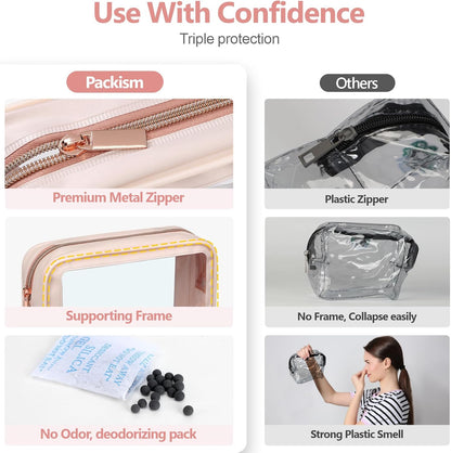 Clear Makeup Bag Foldable - TSA Approved Toiletry Bag for Travel | Metal Zipper, Reinforced Seam, Water Resistant, Medium for Carry-on, Large for Checked Luggage, for Car Storage Organizer