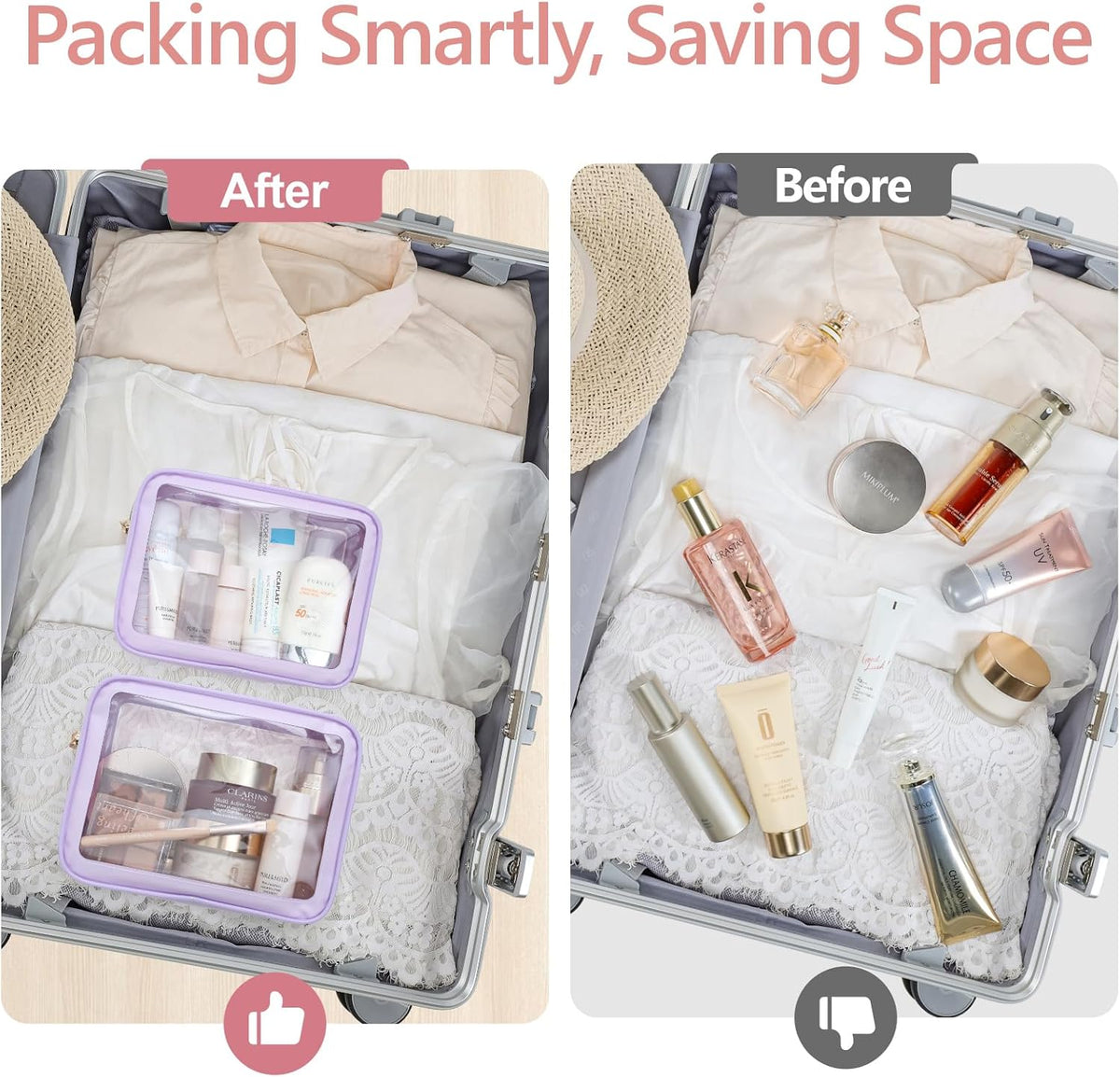 Clear Makeup Bag Foldable - TSA Approved Toiletry Bag for Travel | Metal Zipper, Reinforced Seam, Water Resistant, Medium for Carry-on, Large for Checked Luggage, for Car Storage Organizer