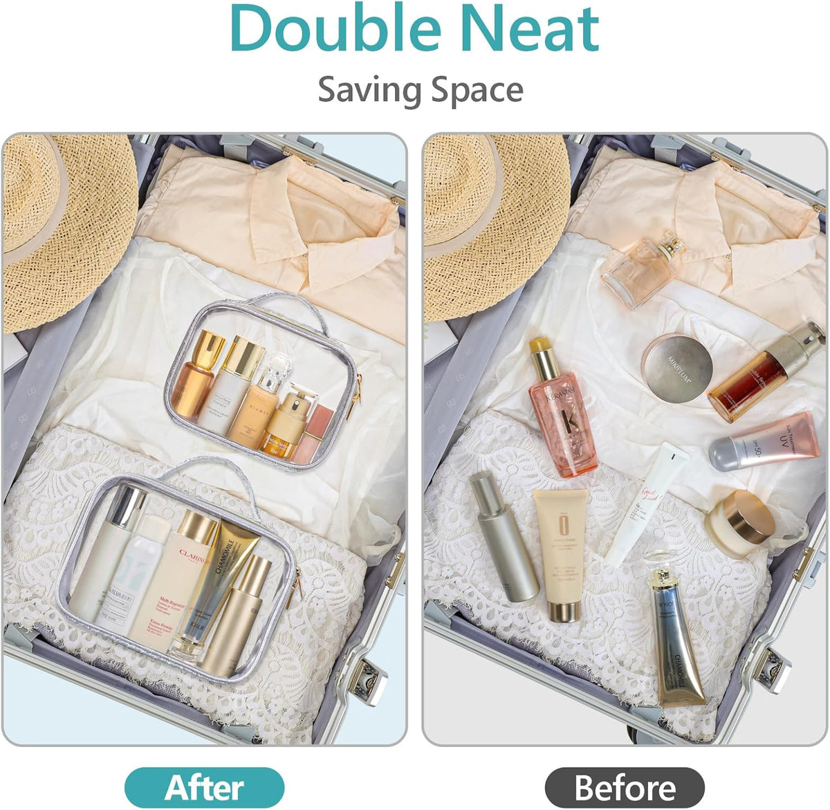 Clear Makeup Bag Foldable - TSA Approved Toiletry Bag for Travel | Metal Zipper, Reinforced Seam, Water Resistant, Medium for Carry-on, Large for Checked Luggage, for Car Storage Organizer