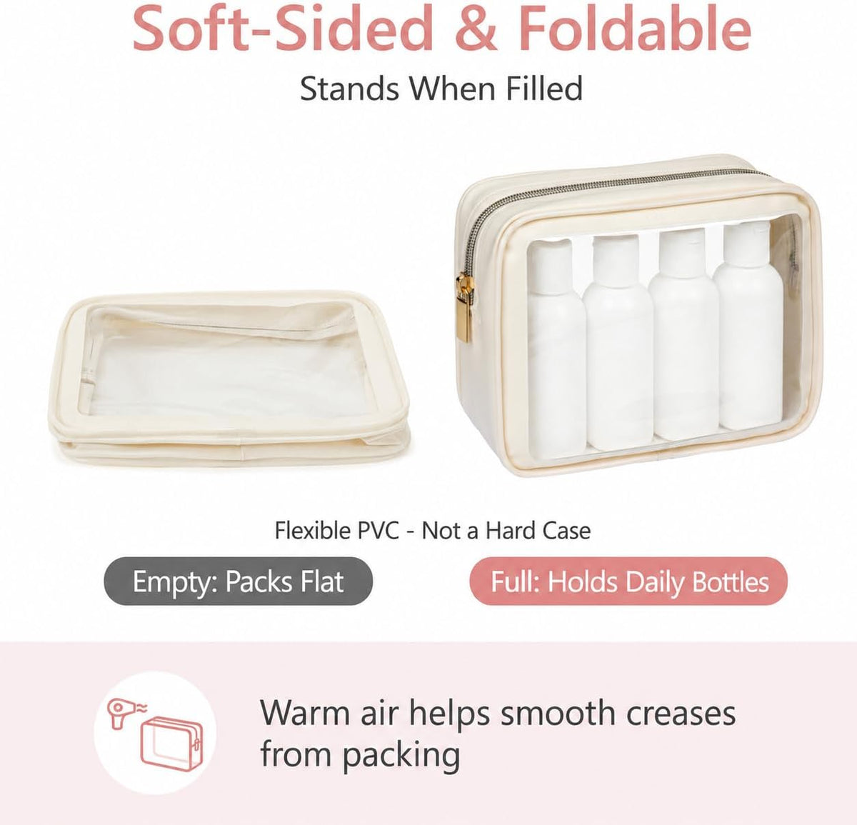 Clear Makeup Bag Foldable - TSA Approved Toiletry Bag for Travel | Metal Zipper, Reinforced Seam, Water Resistant, Medium for Carry-on, Large for Checked Luggage, for Car Storage Organizer
