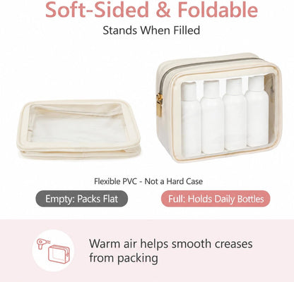 Clear Makeup Bag Foldable - TSA Approved Toiletry Bag for Travel | Metal Zipper, Reinforced Seam, Water Resistant, Medium for Carry-on, Large for Checked Luggage, for Car Storage Organizer