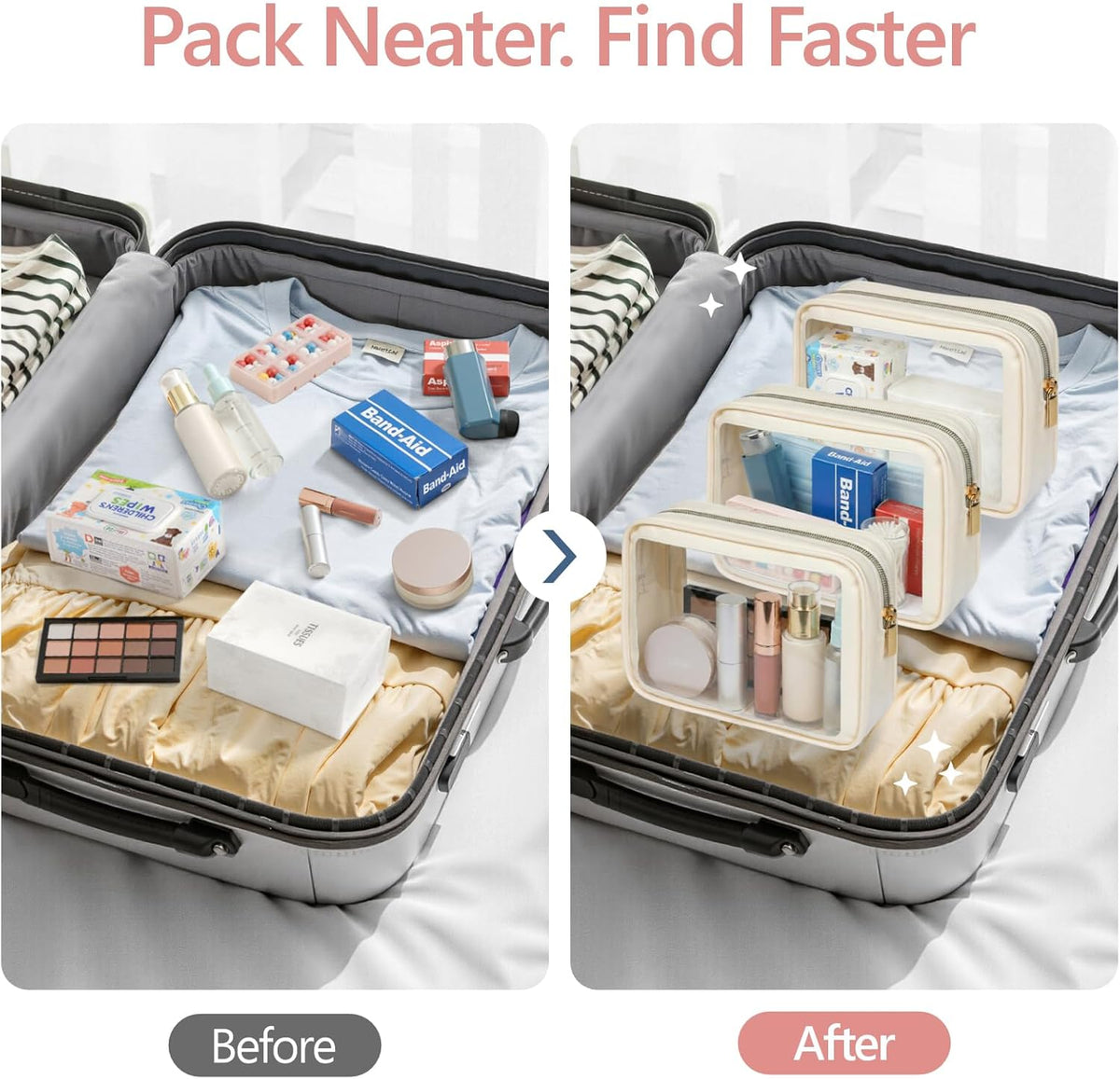 Clear Makeup Bag Foldable - TSA Approved Toiletry Bag for Travel | Metal Zipper, Reinforced Seam, Water Resistant, Medium for Carry-on, Large for Checked Luggage, for Car Storage Organizer