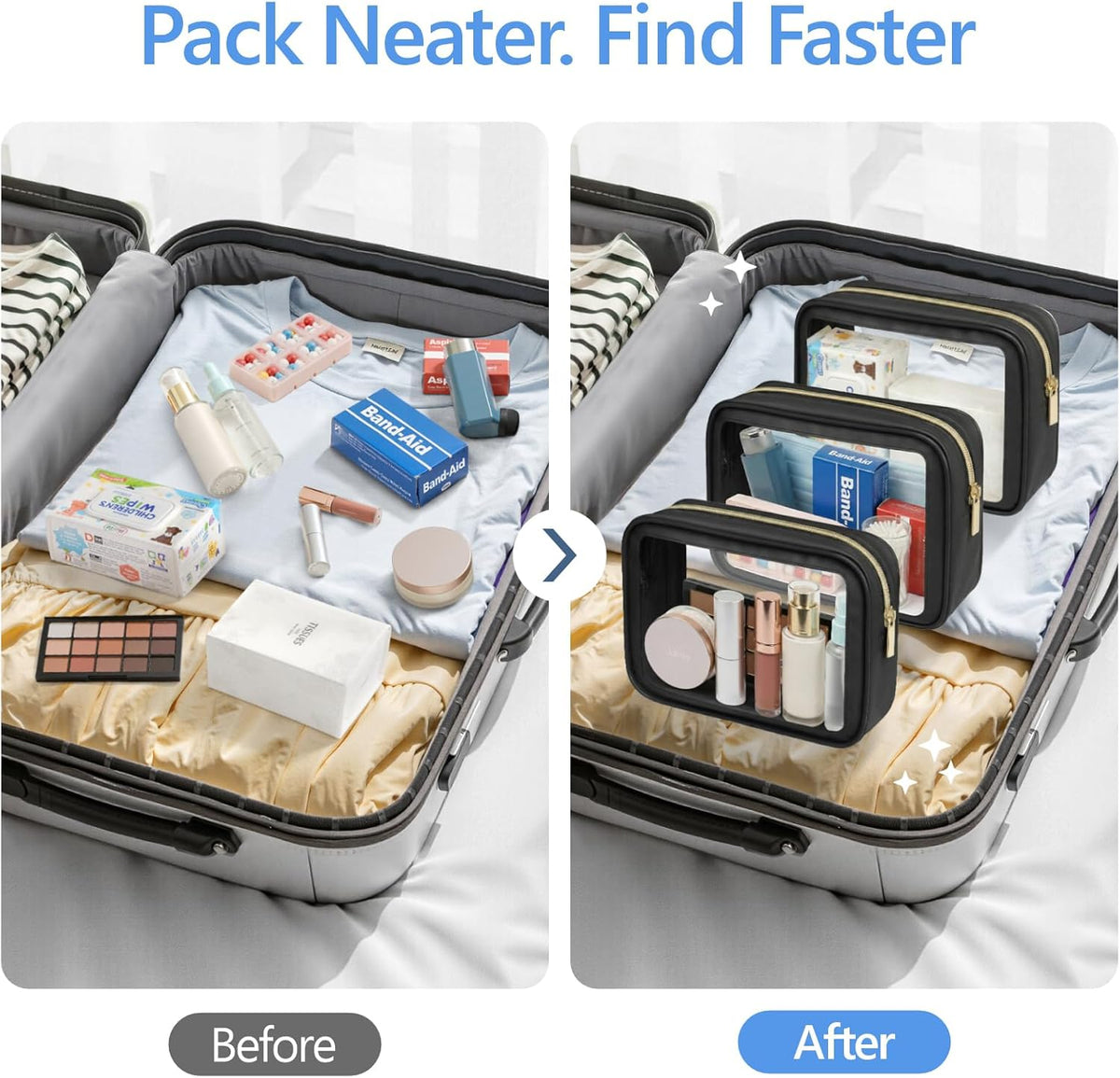 Clear Makeup Bag Foldable - TSA Approved Toiletry Bag for Travel | Metal Zipper, Reinforced Seam, Water Resistant, Medium for Carry-on, Large for Checked Luggage, for Car Storage Organizer