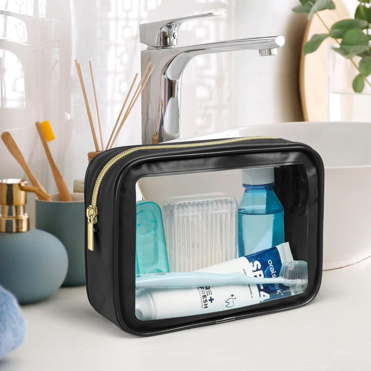 Clear Makeup Bag Foldable - TSA Approved Toiletry Bag for Travel | Metal Zipper, Reinforced Seam, Water Resistant, Medium for Carry-on, Large for Checked Luggage, for Car Storage Organizer