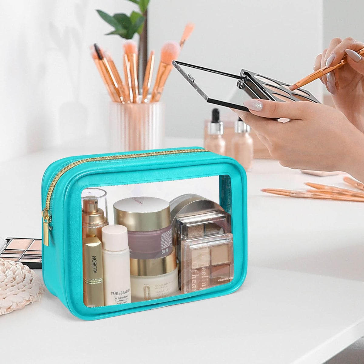 Clear Makeup Bag Foldable - TSA Approved Toiletry Bag for Travel | Metal Zipper, Reinforced Seam, Water Resistant, Medium for Carry-on, Large for Checked Luggage, for Car Storage Organizer