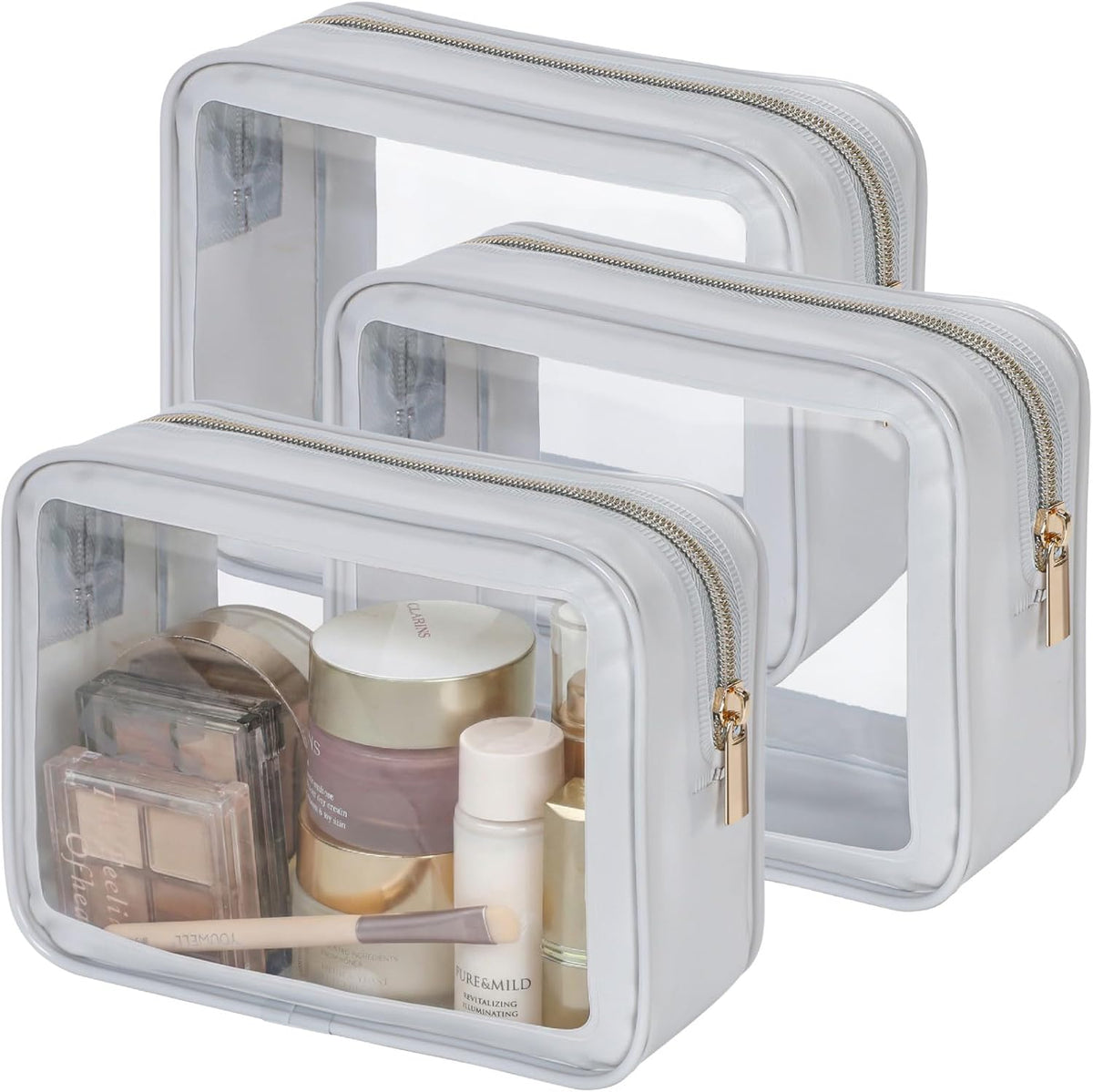 Clear Makeup Bag Foldable - TSA Approved Toiletry Bag for Travel | Metal Zipper, Reinforced Seam, Water Resistant, Medium for Carry-on, Large for Checked Luggage, for Car Storage Organizer