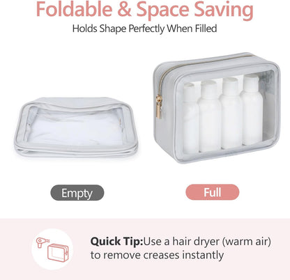 Clear Makeup Bag Foldable - TSA Approved Toiletry Bag for Travel | Metal Zipper, Reinforced Seam, Water Resistant, Medium for Carry-on, Large for Checked Luggage, for Car Storage Organizer
