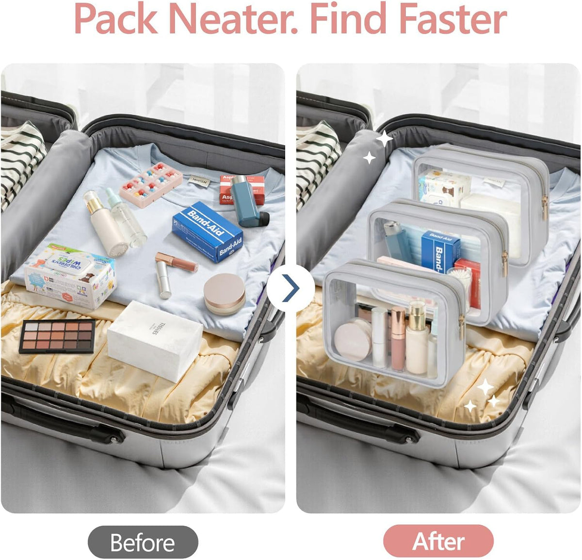 Clear Makeup Bag Foldable - TSA Approved Toiletry Bag for Travel | Metal Zipper, Reinforced Seam, Water Resistant, Medium for Carry-on, Large for Checked Luggage, for Car Storage Organizer