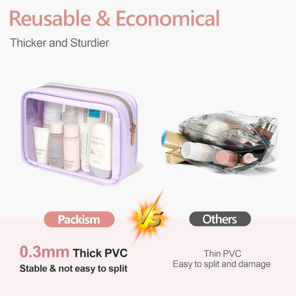Clear Makeup Bag Foldable - TSA Approved Toiletry Bag for Travel | Metal Zipper, Reinforced Seam, Water Resistant, Medium for Carry-on, Large for Checked Luggage, for Car Storage Organizer