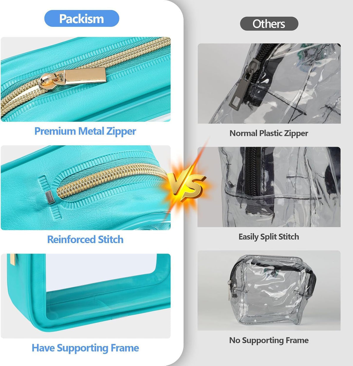 Clear Makeup Bag Foldable - TSA Approved Toiletry Bag for Travel | Metal Zipper, Reinforced Seam, Water Resistant, Medium for Carry-on, Large for Checked Luggage, for Car Storage Organizer
