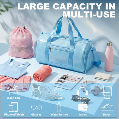 Gym Bag Sports Duffle Bag with Wet Pocket Weekender Overnight Bags with Waterproof Shoe Pouch and Air Hole for Girls Kids Women Workout Travel Bags (Bow Rainbow)