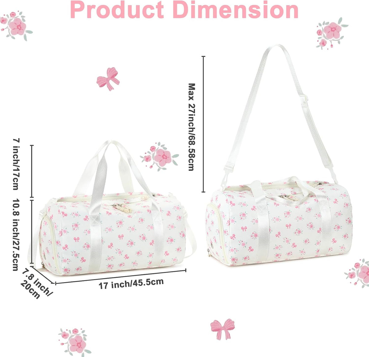 Gym Bag Sports Duffle Bag with Wet Pocket Weekender Overnight Bags with Waterproof Shoe Pouch and Air Hole for Girls Kids Women Workout Travel Bags (Bow Rainbow)