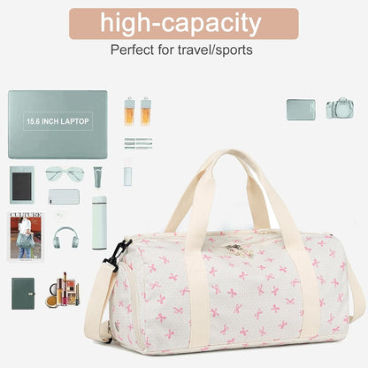 Gym Bag Sports Duffle Bag with Wet Pocket Weekender Overnight Bags with Waterproof Shoe Pouch and Air Hole for Girls Kids Women Workout Travel Bags (Bow Rainbow)