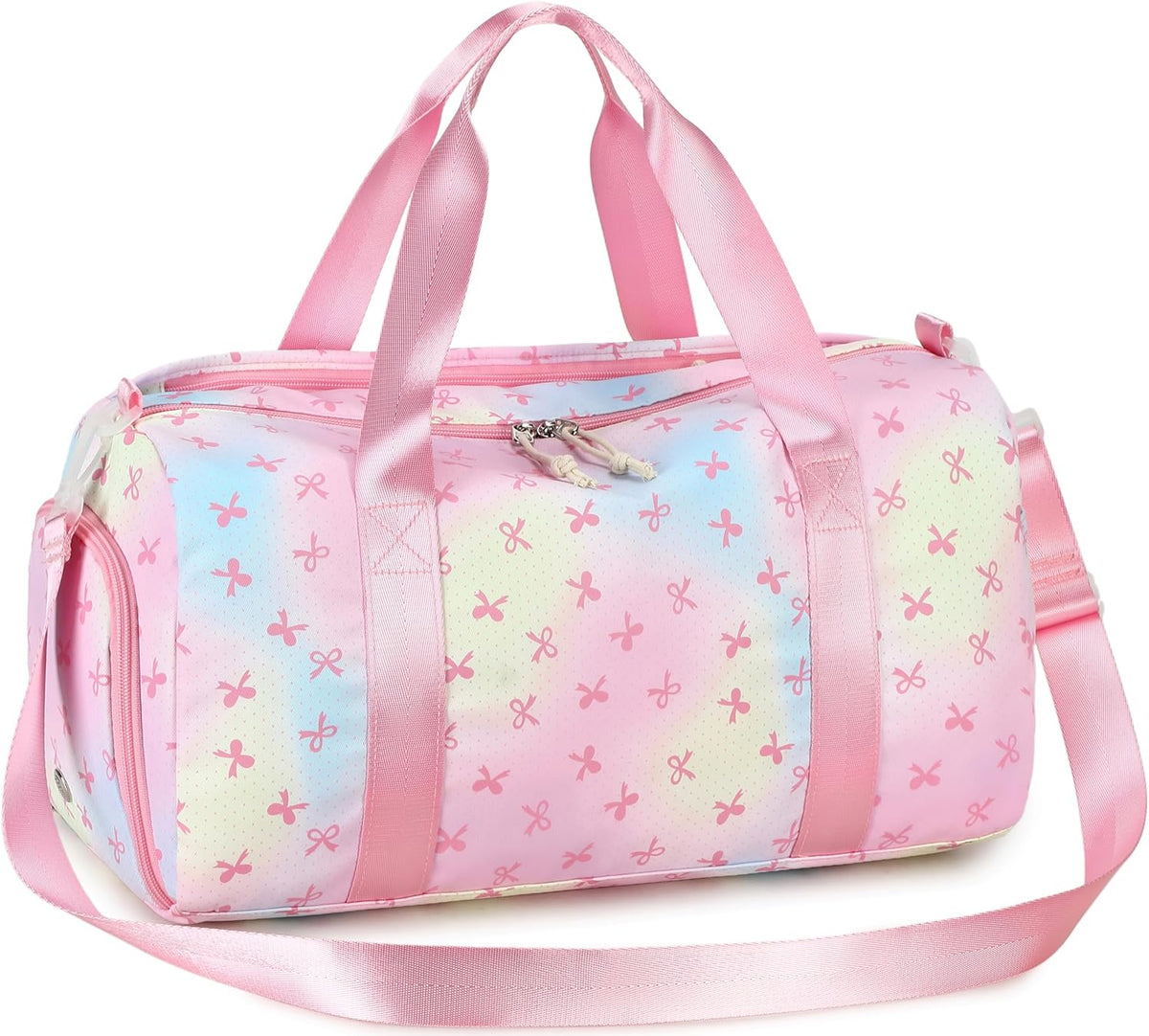 Gym Bag Sports Duffle Bag with Wet Pocket Weekender Overnight Bags with Waterproof Shoe Pouch and Air Hole for Girls Kids Women Workout Travel Bags (Bow Rainbow)
