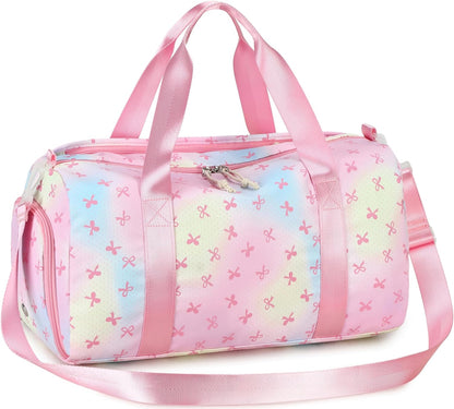 Gym Bag Sports Duffle Bag with Wet Pocket Weekender Overnight Bags with Waterproof Shoe Pouch and Air Hole for Girls Kids Women Workout Travel Bags (Bow Rainbow)